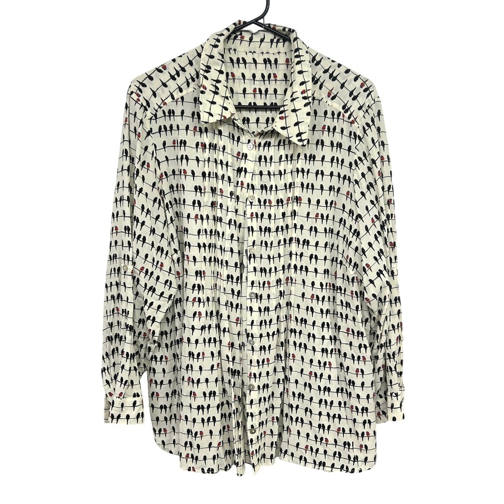 Whimsical Bird Print Button Up Blouse Size XL Cream Quirky Teacher‎ Core Artsy